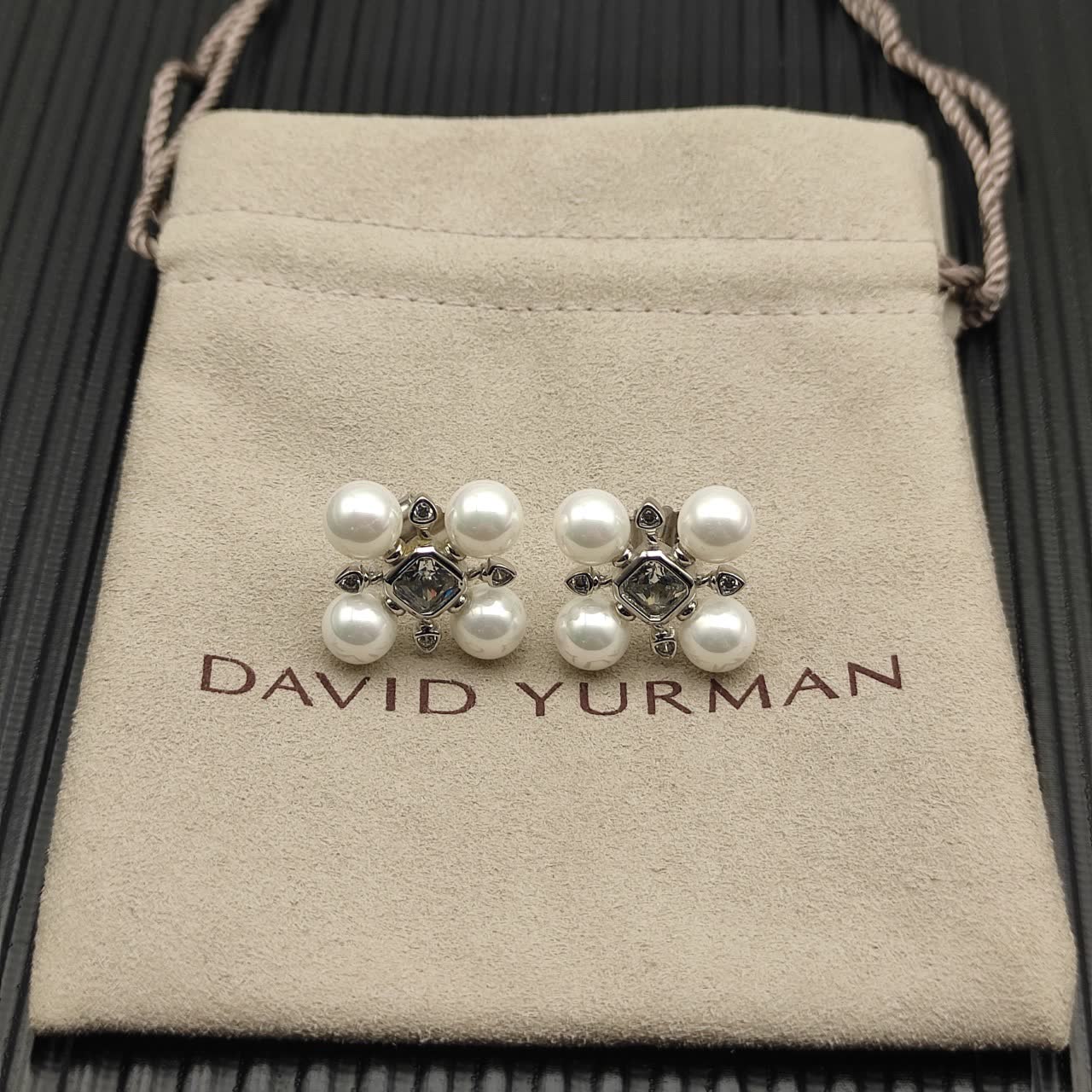 David Yurman Elegant Pearl Stud Earrings with Diamond Accents